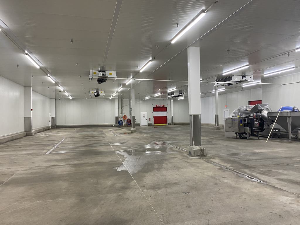 Completed production room with new floor slab, insulated metal panel finishes, and ceiling-mounted refrigeration units